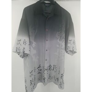 Koman Sport Shirt XL Mens Gray‎ Black Asian Geometric  Short Sleeve Hawaiian